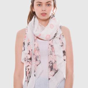 aa floral-flower-print-lightweight-oblong-scarf-coral-black-